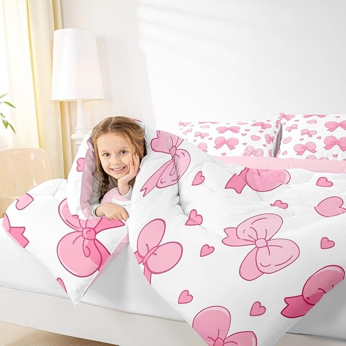 jejeloiu Pink Bowknot Comforter Set Full Size Cartoon Bow Bedding Set for Kids Boys Girls Cute Love Heart Duvet Quilt White Pink Bedroom Decor Microfiber 3 Pcs with 2 Pillow Cases