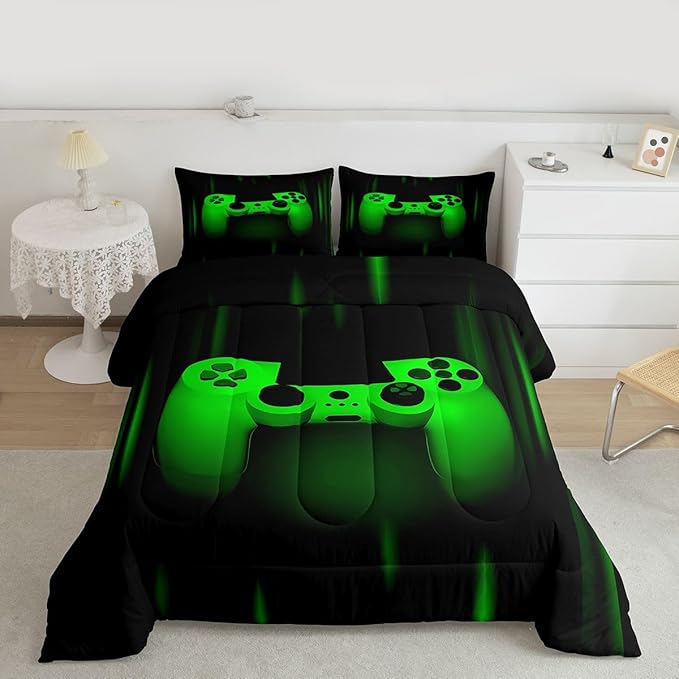 Feelyou Boys Gamer Comforter Set Queen Size Bedding Set for Kids Gaming Comforter Green Black Video Games Gamepad Room Decor for Teens Child Super Soft Geometric Duvet Quilted Son Grandson Gift