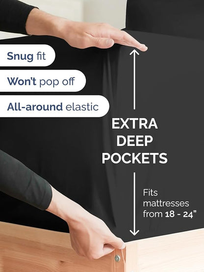 Extra Deep Split King Sheet Set - 7 Piece Breathable & Cooling Sheets - Hotel Luxury Bed Sheets Set - Easy & Secure Fit - Soft, Wrinkle Free & Comfy Sheets Set - Black Sheet Set w/Extra Deep Pockets