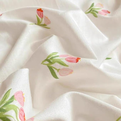 Floral Duvet Cover King 3Pcs Girls Cute Pink Tulips Duvet Cover Set Modern Aesthetic Bedding Set Ultra Soft Breathable Garden Flower Bedding with 2 Pillowcases(No Comforter)