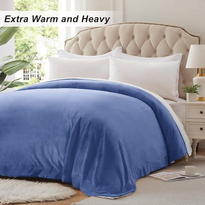 KAWAHOME Sherpa Fleece Twin Size Blanket for Bed - Extra Warm and Heavy Thick Blankets for Winter, Super Soft 500GSM Plush Blanket, 66"X 90" Washed Blue