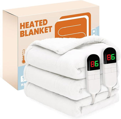 Electric Heated Blanket, Flannel & Sherpa Fast Heating Soft Fleece Heated Queen Blanket 84"x90" with 6 Heating Levels & 10H Auto Off-White