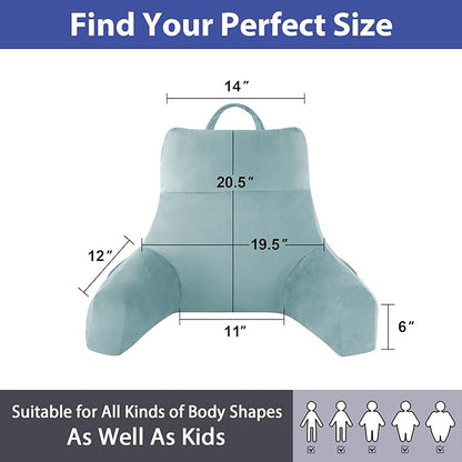 Reading Pillow with Arms For Adult, Back Pillow for Bed Sitting Up, Shredded Memory Foam Backrest Pillow with Pockets & Removable Washable Cover, Lounging, Watching TV, Reading(20in Lake Blue)