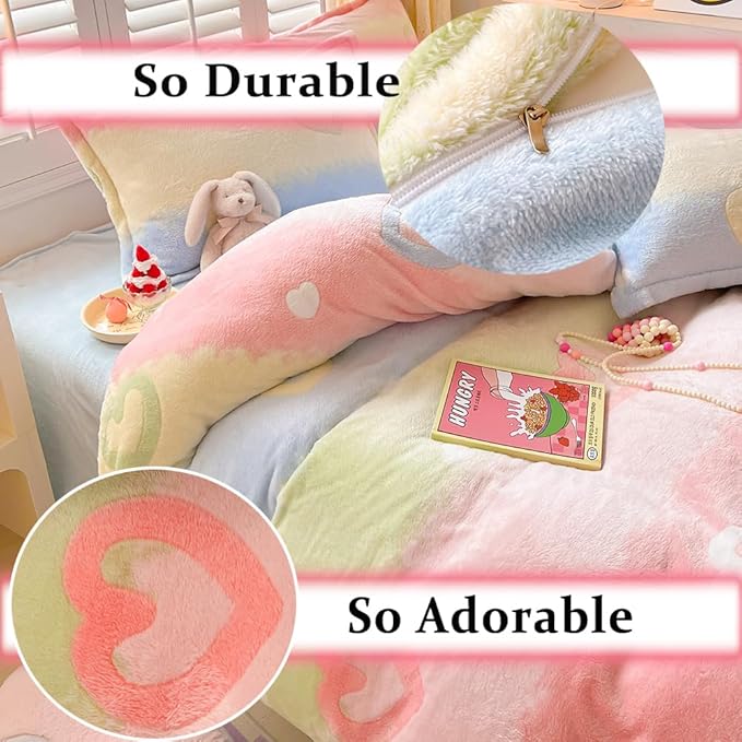 Rainbow Love Kids Duvet Cover Set Cute Kawaii Bedding Set Twin Size Snowflake Fluffy Comforter Cover Blanket Soft Reversible Duvet Cover Room Decor for Girls Women Boys(Love,Twin)