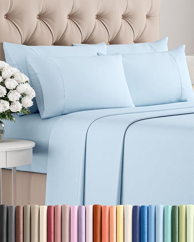Full 6 Piece Sheet Set - Comfy Breathable & Cooling - Ultra-Soft Hotel Luxury Bedding Set with 8-16 Inch Deep Pockets - 1 Flat & 1 Fitted Sheet & 4 Pillowcases - Wrinkle Free & Easy Care - Baby Blue