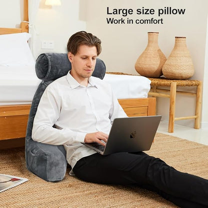 Extra Large Reading Pillow for Sitting in Bed Adult with Detachable Neck Support Cushion & Backrest Pillow for Bed with Arms and Side Pocket Shredded Foam Back Pillow with Washable Cover