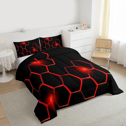 Feelyou Honeycomb Kids Comforter Set ModernHexagon Bedding Set for Boys Teens Decor Geometrical Comforter Beehive Geometric Black Red Duvet Set King Size with 3 Pillow Case Boys