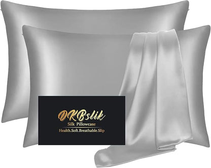 Silk Pillowcase 2 Pack, Natural Mulberry Silk Pillow Case, Anti Acne Silk Pillowcase for Hair and Skin, King Size Silk Satin Pillowcase Set of 2 with Hidden Zipper, Gifts for Women Men, Grey