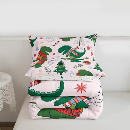 Erosebridal Xmas Dino Comforter Set Full Size Cartoon Dinosaur Bedding Set for Kids Girls BoysSnowman Santa Winter Tree Comforter Merry Christmas Florals Quilt Bedroom Decor