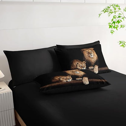 Lion Comforter Set 7 Piece Queen Size Bed in A Bag,Animal Bedding for Room Decor,Lion Comforter Tropical African Animal 3D Print Bedding with Fitted Sheet,Flat Sheet, Pillowcases & Shams