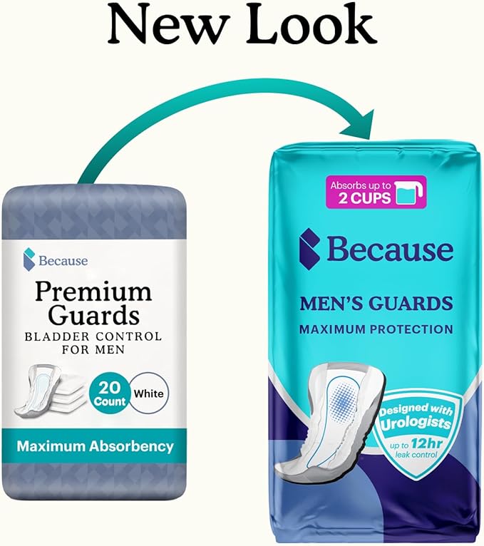 Because Premium Guards for Men - 80 Count Pack of Discreet, Individually Wrapped Bladder Protectors - Complete Absorbency, Fast-Locking, Odor Control - Comfort Fit, 2 Cups of Absorbency