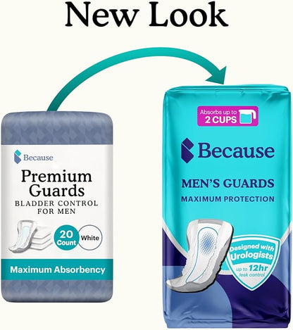 Because Premium Guards for Men - 80 Count Pack of Discreet, Individually Wrapped Bladder Protectors - Complete Absorbency, Fast-Locking, Odor Control - Comfort Fit, 2 Cups of Absorbency