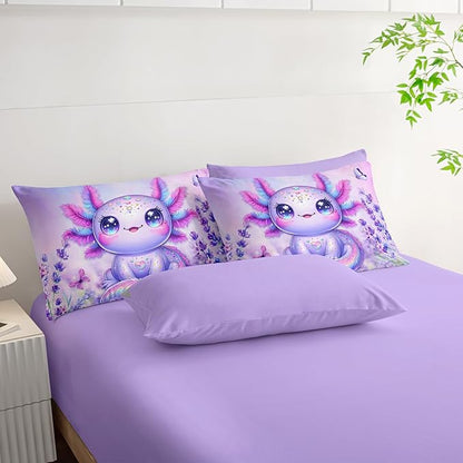 Axolotl Bedding 7 Piece Comforter Set Twin Size,Marine Life Themed Bed Set for Toddlers Girls Room Decor,Cute Kids Bedding with 1 Comforter,1 Flat Sheet,1 Fitted Sheet,4 Pillowcases.