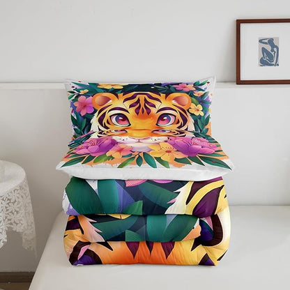 Cartoon Tiger Comforter Set King Size Tropical Blooming Flowers Bedding Set Kids Boys Girls Cute Animal Print All Season Quilt Set Watercolor Botanical Bedding Comforter Sets,3Pcs