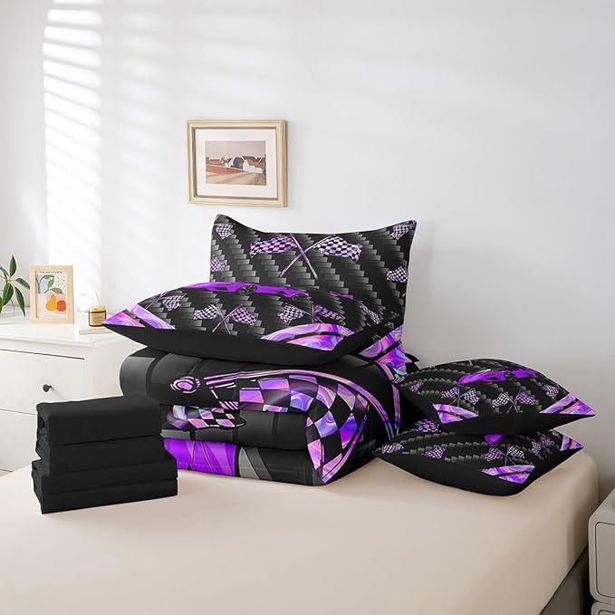 Feelyou Purple Race Car 7 Piece Bedding Set Twin Size Extreme Sports Comforter Set with Sheets for Kids Teens Adult Fast and Furious Bed in a Bag Dazzling Flag Bed Set