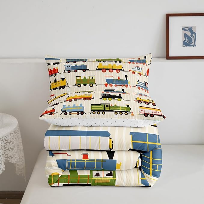 Erosebridal Kids Train Comforter Set - Toddler Size for Boys & Girls - Colorful Steam Engine Bedding Sets - Cartoon Train Transportation Locomotive Train Comforter with 1 Pillowcase, Beige