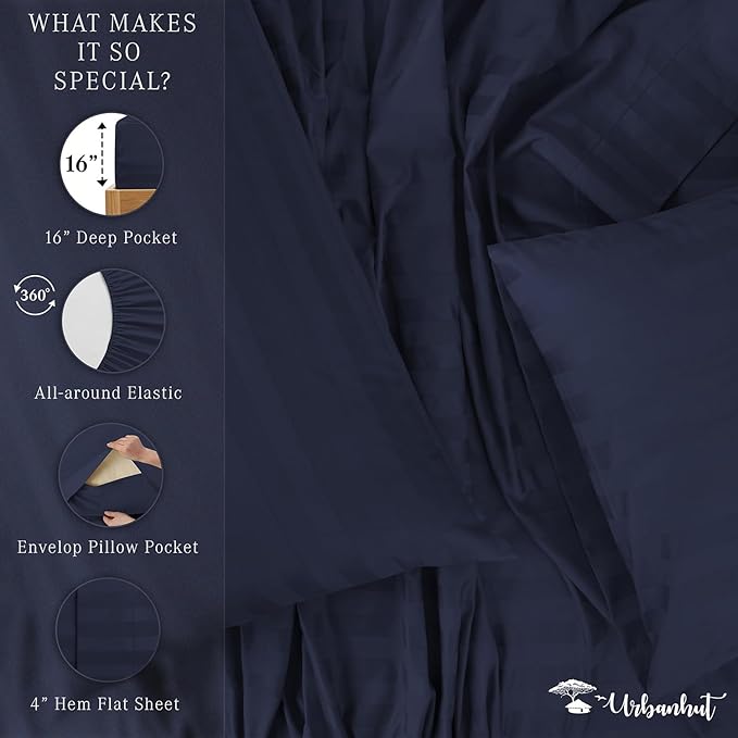 URBANHUT 1000 Thread Count Damask Striped Full Sheet Set Egyptian Cotton Sheets, Long Staple Soft & Breathable, 4 Pc Bed Sheet Sets, Luxury Hotel Sateen Sheets Fits 16" Deep Pocket - Navy Blue
