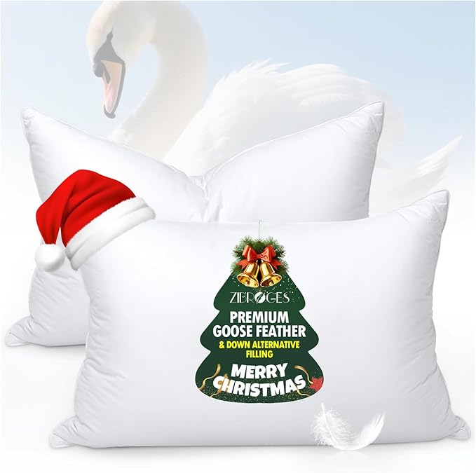 Goose Feather Pillows Queen Size Pack of 2 - Hotel Down Bed Pillow for Sleeping, Soft 600 Thread Count Cotton Cover, Fluffy Support Surround Fill Polyester for Side, Stomach, Back Sleepers