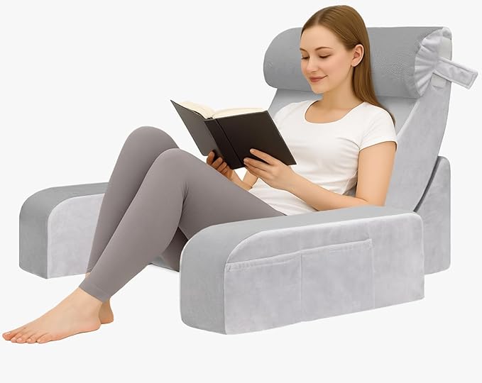 Reading Pillow for Sitting in Bed Adult, Back Support Pillow for Bed Sitting Up, Husband Pillow with Arms, Bed Pillow with Pocket for Reading/Gaming/Resting/Watching TV