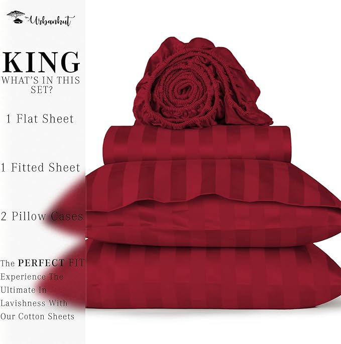 URBANHUT 1000 Thread Count Damask Striped King Bed Sheets Egyptian Cotton Sheet Set, Long Staple Soft & Breathable, 4 Pc Bed Sheet Sets, Luxury Hotel Sateen Sheets Fits 16" Deep Pocket - Burgundy