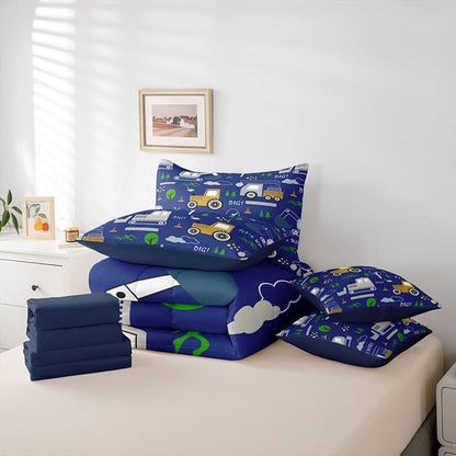 Feelyou Construction Comforter Set King Size 7 Pieces Equipment Trucks Bedding Set Kids Boys Excavator Tractor Bed in a Bag with Comforter, Sheets Construction Vehicles Blue Yellow Quilted