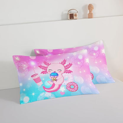 HOSIMA Axolotl Comforter Full Size Cute Animal Bedding Room Decor for Teen Girls Dessert Milk Tea Donut Bed Princess Toddler Bedding Set Fantasy Blue Purple Full Size Bed in a Bag for Adults Kids.