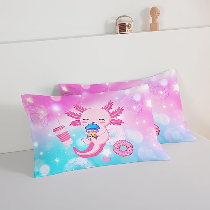 HOSIMA Axolotl King Size Comforter Set Cute Animal Bedding Room Decor for Teen Girls Dessert Milk Tea Donut Bed Princess Toddler Bedding Set Fantasy Bed in a Bag King Size for Adults Kids.