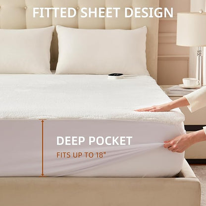 Bwarm Multizone Heated Mattress Pad King, Electric Mattress Pad Sherpa Fleece Bed Warmer with 9 Heat Settings, 1-12 Hours Auto Off Deep Pocket, Machine Washable, Wave White King 78" x 80"