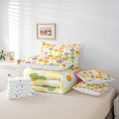 Feelyou Cute Flower 7 Piece Bedding Set Colorful Floral Comforter Set with Sheets for Kids Boys Girls Kawaii Theme Bed in a Bag Yellow Bed Set Soft Lightweight