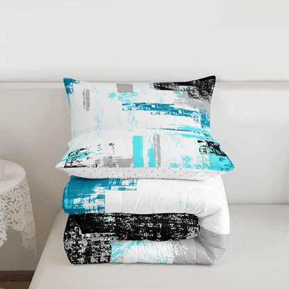 Feelyou Abstract Comforter Set for Girls Boys Kids Modern Abstract Art Comforter Room Decorative Teal Blue White Black Bedding Set Luxury Duvet Set King Size 3Pcs Comforter Inner Fill