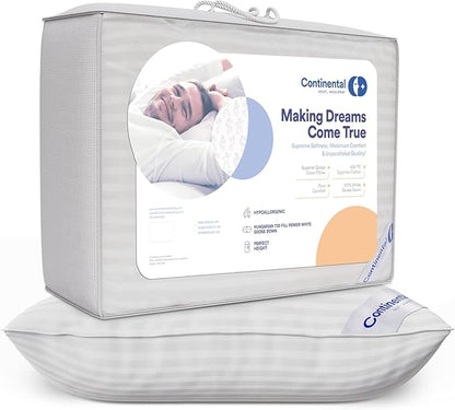 Continental Bedding | Serenity Goose Down Pillow | 700 Fill Power Hungarian White Down | 400TC Cotton Damask Shell | Made in USA | Standard, Firm with Protector