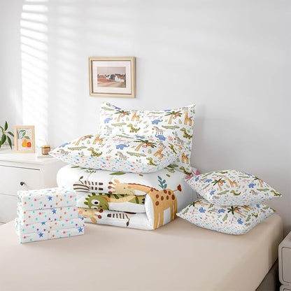 Feelyou Kids Zoo Animals 7 Piece Bedding Set Cute Giraffe Elephant Crocodile Comforter Set with Sheets for Kids Boys Girls Plants Printed Bed in a Bag Animal Theme Bed Set Soft Lightweight