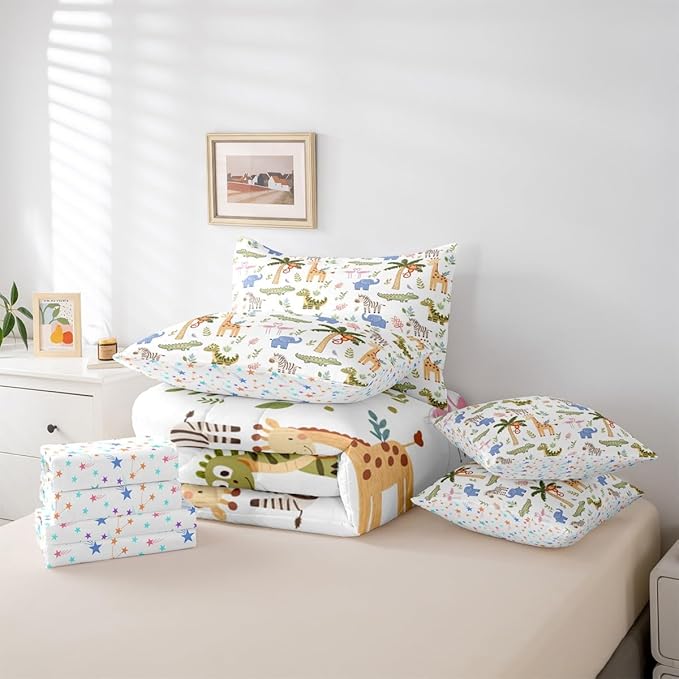 Feelyou Kids Zoo Animals 7 Piece Bedding Set Cute Giraffe Elephant Crocodile Comforter Set with Sheets for Kids Boys Girls Plants Printed Bed in a Bag Animal Theme Bed Set Soft Lightweight