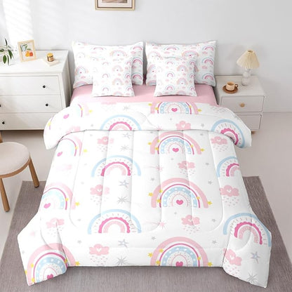 Feelyou Cute Rainbow 7 Piece Bedding Set Pink Blue Comforter Set with Sheets for Kids Boys Girls Star Print Bed in a Bag Cartoon Cute Bed Set Soft Lightweight