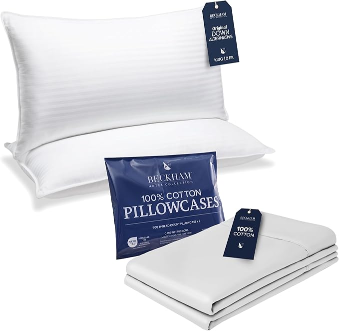 Beckham Hotel Collection Bed Pillows with Cotton Pillowcases King Size Sets of 2, Soft Down Alternative Pillows for Sleeping, Open End Cases for Easy Changing, White