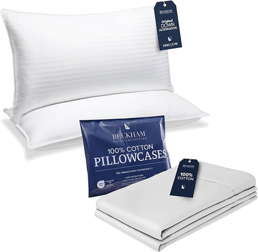 Beckham Hotel Collection Bed Pillows with Cotton Pillowcases King Size Sets of 2, Soft Down Alternative Pillows for Sleeping, Open End Cases for Easy Changing, White