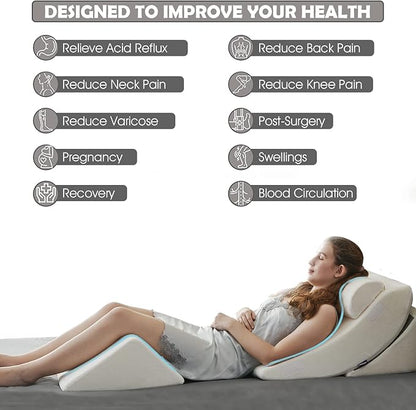 Ganaver 4pcs Orthopedic Bed Wedge Pillow Set Post Surgery Relaxing Back Adjustable Head Support Cushion Triangle Memory Foam Pillow for Acid Reflux Sleeping Reading Leg Elevation Snoring White