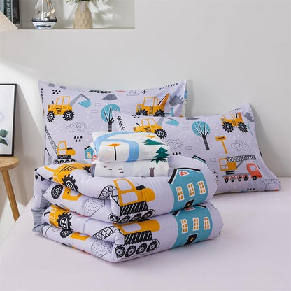 NTBED 5 Pieces Construction Cars Comforter Set Twin for Boys Kids Bed in a Bag Vehicles Transportation Lightweight Microfiber Bedding Sets,Light Grey