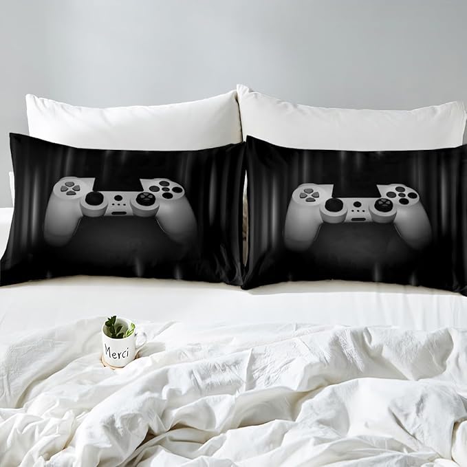 Feelyou Boys Gamer Comforter Set Twin Size Bedding Set for Kids Gaming Comforter Gray Black Video Games Gamepad Room Decor for Teens Child Super Soft Geometric Duvet Quilted Son Grandson Gift