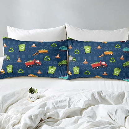 Erosebridal Kids Bedding Twin Size Garbage Truck Comforter Set, Cartoon Car Vehicles Bedding Comforter Sets for Boys Girls Trash Waste Management Vehicle Duvet Set Refuse Classification Quilt 2Pcs