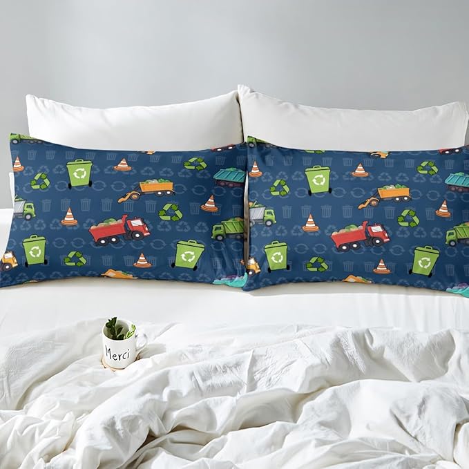Erosebridal Kids Bedding Toddler Size Garbage Truck Comforter Set, Cartoon Car Vehicles Bedding Comforter Sets for Boys Girls Trash Waste Management Vehicle Duvet Set Refuse Classification Quilt 2Pcs