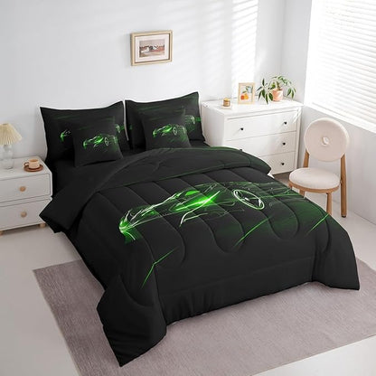 Feelyou Green Race Car 7 Piece Bedding Set King Size for Kids Boys Extreme Sport Games Comforter Set with Sheets Teens Toddler Fast and Furious Bed in a Bag Cool Modern Bed Set
