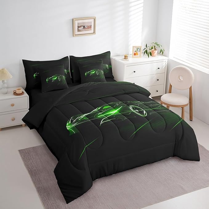 Feelyou Green Race Car 7 Piece Bedding Set Twin Size for Kids Boys Extreme Sport Games Comforter Set with Sheets Teens Toddler Fast and Furious Bed in a Bag Cool Modern Bed Set