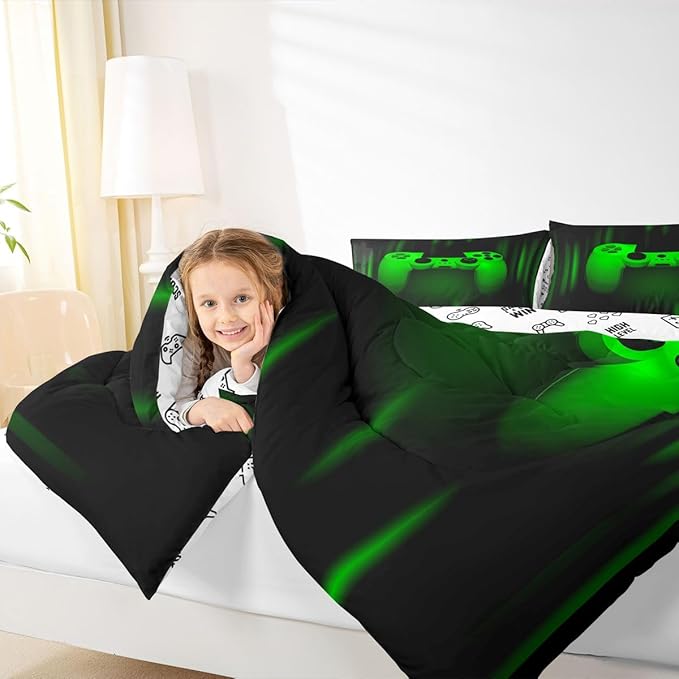 Feelyou Boys Gamer Comforter Set Full Size Bedding Set for Kids Gaming Comforter Green Black Video Games Gamepad Room Decor for Teens Child Super Soft Geometric Duvet Quilted Son Grandson Gift
