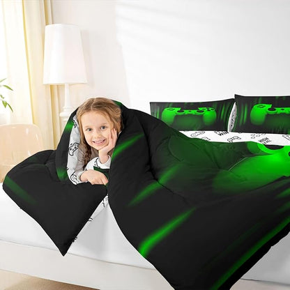 Feelyou Boys Gamer Comforter Set Full Size Bedding Set for Kids Gaming Comforter Green Black Video Games Gamepad Room Decor for Teens Child Super Soft Geometric Duvet Quilted Son Grandson Gift