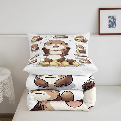 Cute Otter Comforter Set Cartoon Lovely Wild Animal Bedding Sets for Kids Boys Girls Teens Black Bubble Graffiti Hippie Rustic Style Down Comforter with 2 Pillowcases Queen Size 3 Pcs