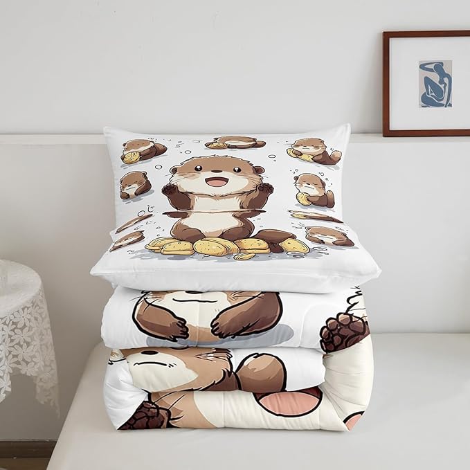 Cute Otter Comforter Set Cartoon Lovely Wild Animal Bedding Sets for Kids Boys Girls Teens Black Bubble Graffiti Hippie Rustic Style Quilted Comforter with 1 Pillowcase Toddler Size 2 Pcs