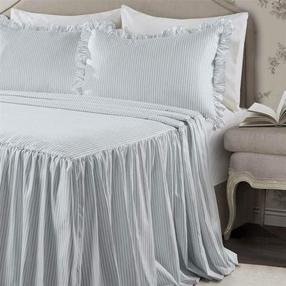 Lush Decor Ticking Stripe Bedspread Queen Size 3 Piece Set Lake Blue - Ruffle Bedding Set Queen Bedspreads - Striped Bedding - Farmhouse & Coquette Decor