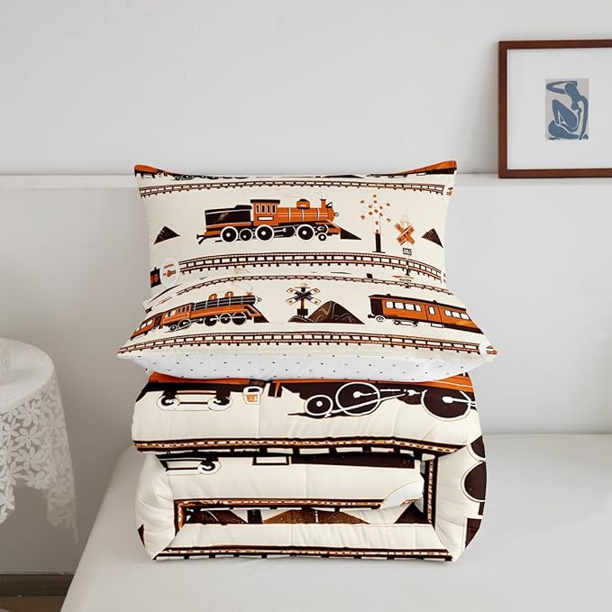 Erosebridal Retro Vintage Train Comforter Set, Cute Steam Engine Bedding Retro Steam Locomotive Train Bedding Set Cartoon Vehicle Duvet Set for Bedroom Decor, Full with 2 Pillowcases
