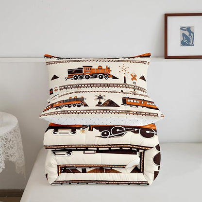 Erosebridal Retro Vintage Train Comforter Set, Cute Steam Engine Bedding Retro Steam Locomotive Train Bedding Set Cartoon Vehicle Duvet Set for Bedroom Decor, Full with 2 Pillowcases